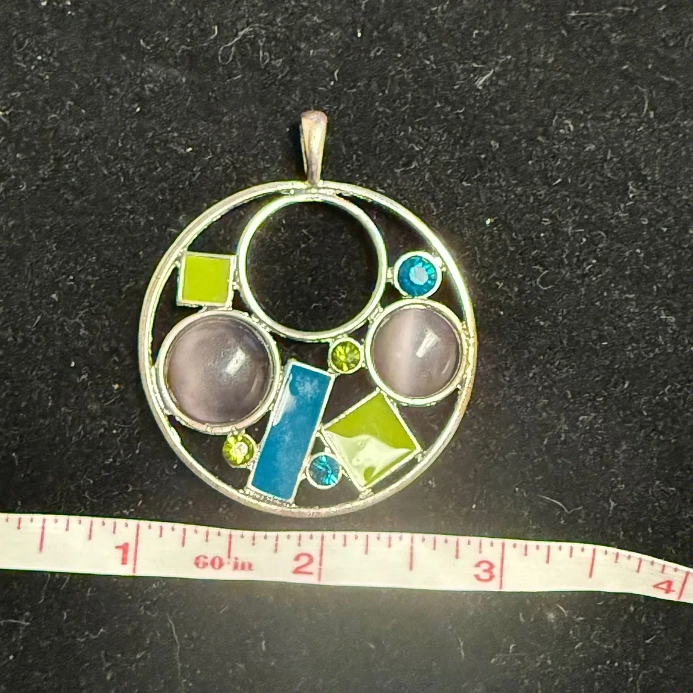 Geometric‎ Silver Tone Pendant Cats Eye Enamel Mixed Shapes Blue Green Grey 2